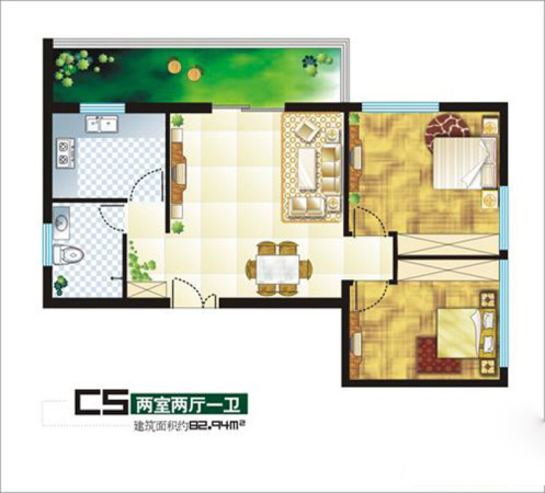 乐府国际公寓C5户型-2室2厅1卫1厨建筑面积82.94平米