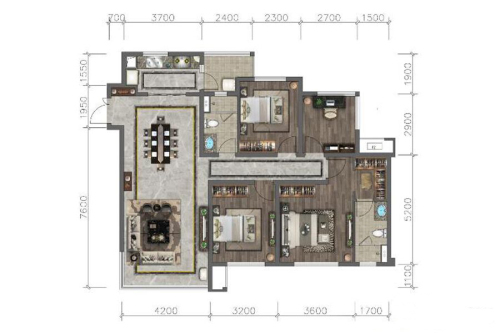 保利堂悦标准层B3户型-4室2厅2卫1厨建筑面积128.00平米