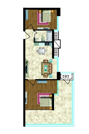 金河国际公寓公寓C户型-2室2厅1卫1厨建筑面积99.96平米