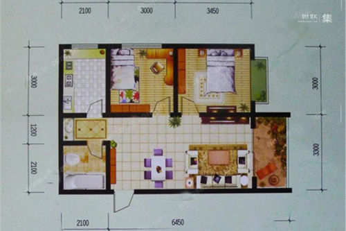 汉景名都65平米户型-2室2厅1卫1厨建筑面积65.00平米