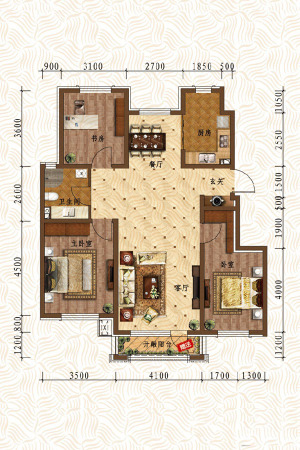 蓝卡·观澜世家D户型-3室2厅1卫1厨建筑面积122.00平米