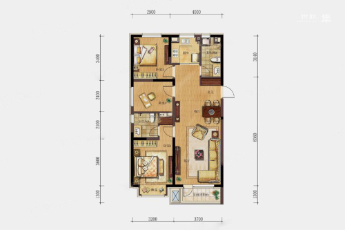 万科紫台107㎡户型-3室2厅2卫1厨建筑面积107.00平米
