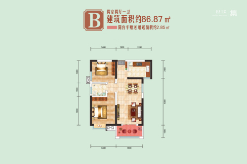 亿润·锦悦汇8#B户型-2室2厅1卫1厨建筑面积86.87平米