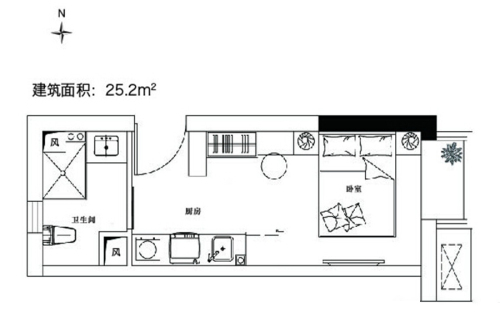 中粮隆玺祥云W-C户型-1室1厅1卫1厨建筑面积25.20平米