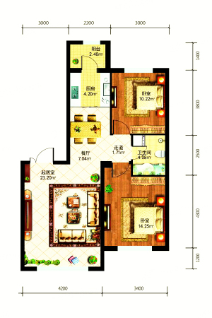 东方新天地三期B户型-2室2厅1卫1厨建筑面积97.00平米