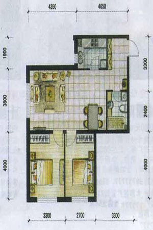 明城新北市A5户型-2室2厅1卫1厨建筑面积65.80平米