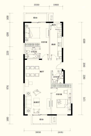 紫金印象3C户型-2室2厅2卫1厨建筑面积131.00平米