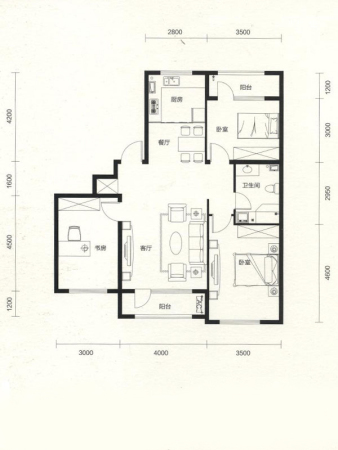 汇邦·克莱枫丹B3户型-3室2厅1卫1厨建筑面积117.00平米