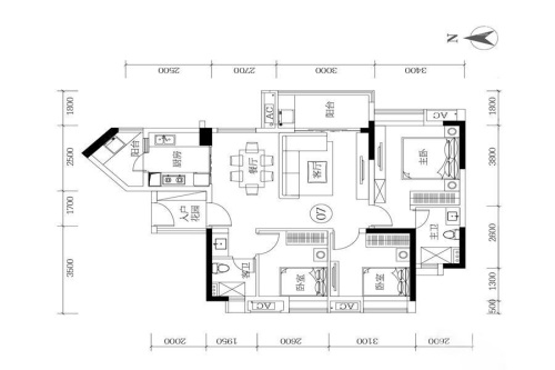 保利紫云B1栋07户型-3室2厅2卫1厨建筑面积97.51平米
