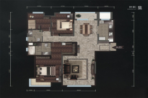 越秀星汇云锦168平户型-3室2厅2卫1厨建筑面积168.00平米