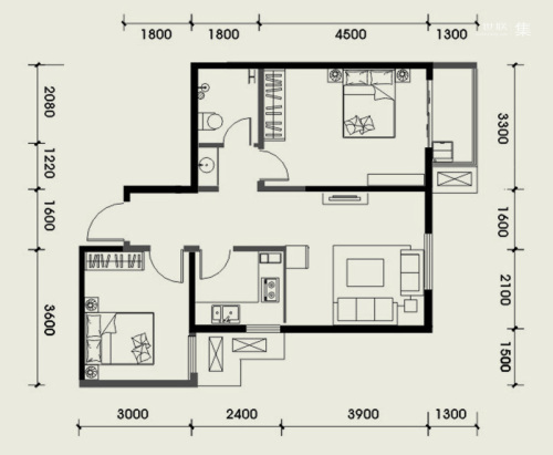 经发新北居1-4号楼C2户型-2室1厅1卫1厨建筑面积72.81平米
