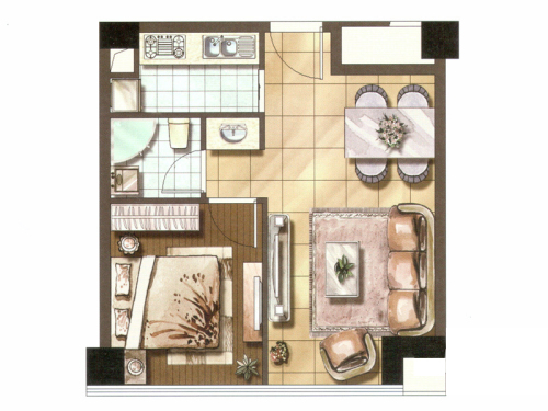 泰地海西中心B2户型-1室2厅1卫1厨建筑面积55.42平米