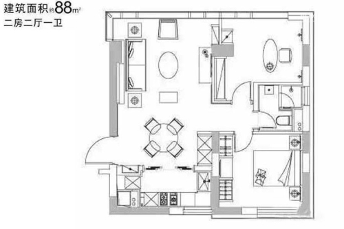 复兴珑御88平两房-2室2厅1卫1厨建筑面积88.00平米