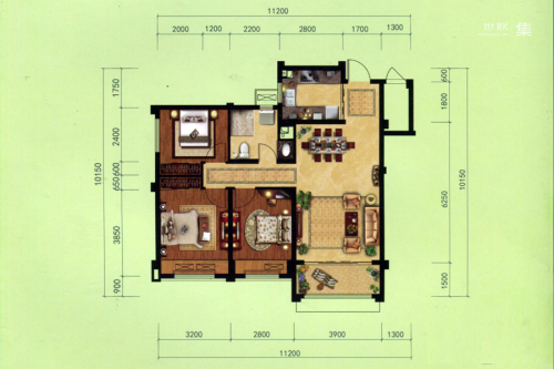 石家庄碧桂园洋房Y166、167-B户型-3室2厅1卫1厨建筑面积104.00平米