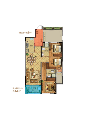 东晖龙悦湾B3户型-3室2厅2卫1厨建筑面积105.00平米