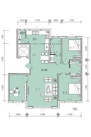 北影新城147平米户型图-3室2厅2卫1厨建筑面积147.00平米