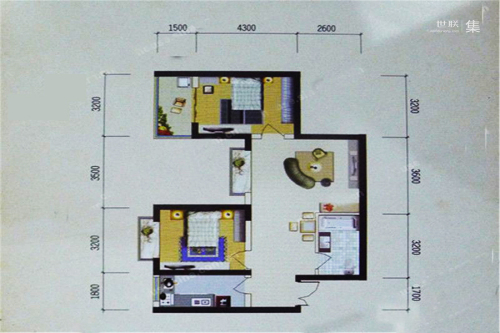 汉景名都89平米户型-2室2厅1卫1厨建筑面积89.00平米