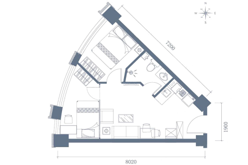 Smart地铁公寓E户型-2室2厅1卫1厨建筑面积55.54平米