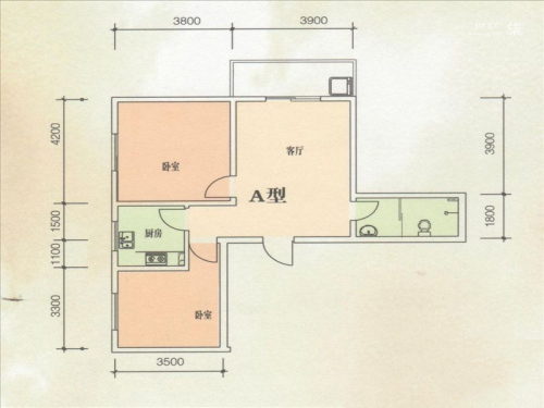 东方绿洲A户型-2室2厅1卫1厨建筑面积90.19平米