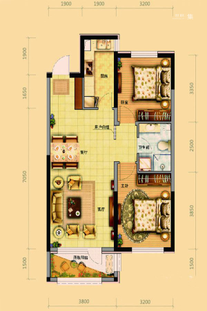 美的城C7户型-2室2厅1卫1厨建筑面积90.20平米