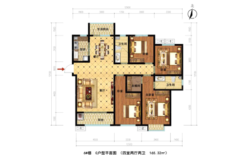 丽阳小区6#C户型-4室2厅2卫1厨建筑面积165.32平米