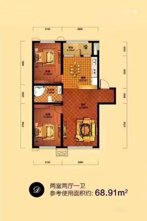 桐楠格领誉D户型-2室2厅1卫1厨建筑面积110.00平米