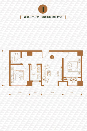 恒信国际I户型-2室1厅1卫1厨建筑面积88.17平米