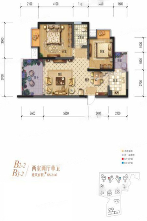 棠湖清江花语一期B2-2、B3-2户型标准层-2室2厅1卫1厨建筑面积88.24平米