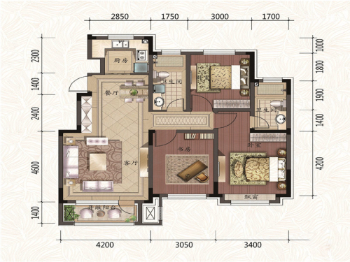 中铁城A2地块洋房B户型-3室2厅2卫1厨建筑面积116.00平米