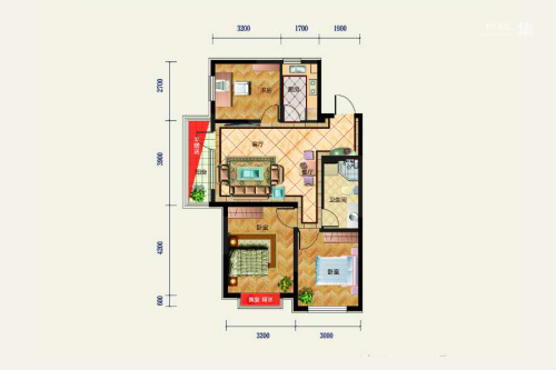 中铁·香湖高层D户型-3室2厅1卫1厨建筑面积95.00平米