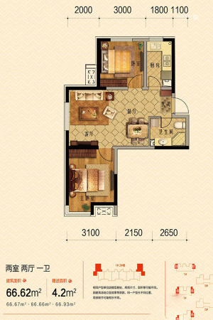 万锦·红树湾B户型-2室2厅1卫1厨建筑面积66.62平米