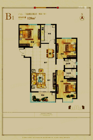 海山广场标准层B1户型-3室2厅2卫1厨建筑面积128.00平米