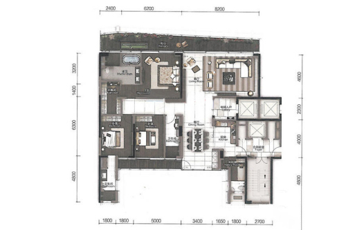 汉京九榕台1、2栋2单元A单位-3室2厅4卫1厨建筑面积186.00平米