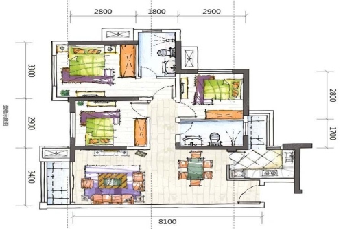 合能枫丹铂麓1-3、7-9#C户型标准层-3室2厅2卫1厨建筑面积83.70平米