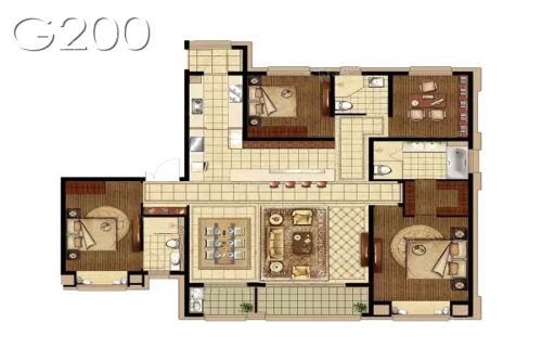 绿地华侨城海珀滨江G200户型-4室2厅3卫1厨建筑面积200.00平米