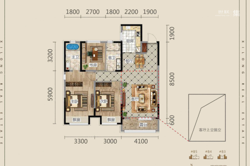 润景朗琴湾G2户型-3室2厅2卫1厨建筑面积121.00平米