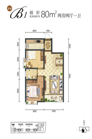 锦都荟6号楼B1户型-2室2厅1卫1厨建筑面积80.00平米