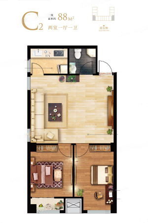 天海·博雅盛世标准层C2户型-2室1厅1卫1厨建筑面积88.00平米