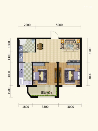 泰荣湾小高层优乐户型-2室2厅1卫1厨建筑面积67.00平米
