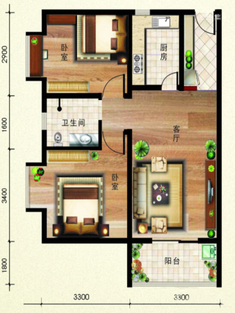 翰林17坊1号楼A2户型-2室1厅1卫1厨建筑面积90.12平米