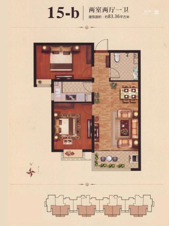 龙溪城15#标准层B户型-2室2厅1卫1厨建筑面积83.36平米