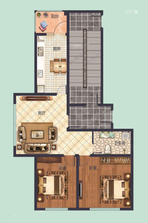 悦然臻城A户型-2室1厅1卫1厨建筑面积120.55平米