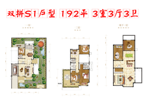 中旅国际小镇双拼S1户型-3室3厅3卫1厨建筑面积192.00平米