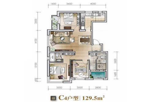 城建·锦泉蓝湾C4户型-3室2厅2卫1厨建筑面积129.50平米