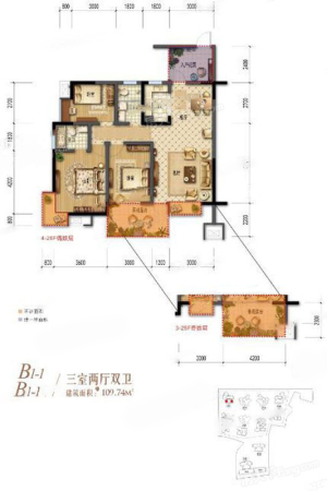 棠湖清江花语一期B1-1、B1-1a户型标准层-3室2厅2卫1厨建筑面积109.74平米