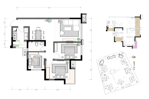 入帘青1-7#标准层A4户型-3室2厅1卫1厨建筑面积80.00平米