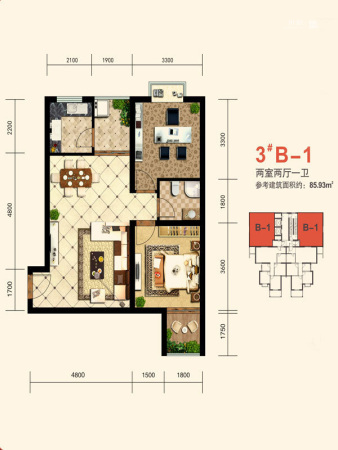 80年代3号楼B-1户型-2室2厅1卫1厨建筑面积85.93平米