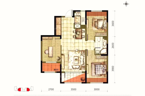 新湖青蓝国际3期A1户型-3室2厅1卫1厨建筑面积96.55平米