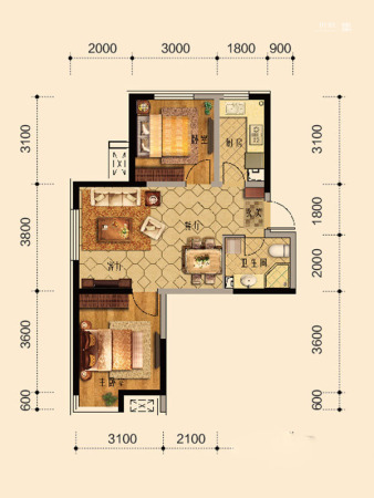 万锦·红树湾B户型-2室2厅1卫1厨建筑面积67.37平米