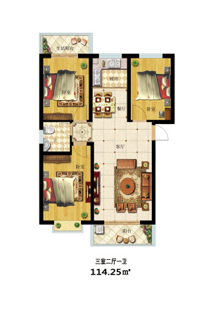 新城小镇9#标准层三室户型-3室2厅1卫1厨建筑面积114.25平米